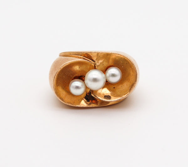 RAYMOND TEMPLIER 1960 Sculptural Ring In 18Kt Yellow Gold With Natural Pearls