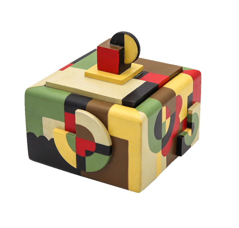 -Dutch 1930 De Stijl Art Deco Trinket Box In Wood With Polychromate Paint