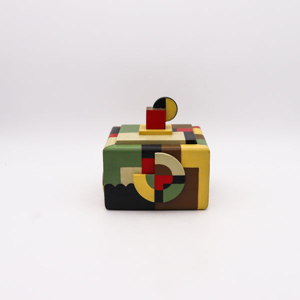 -Dutch 1930 De Stijl Art Deco Trinket Box In Wood With Polychromate Paint