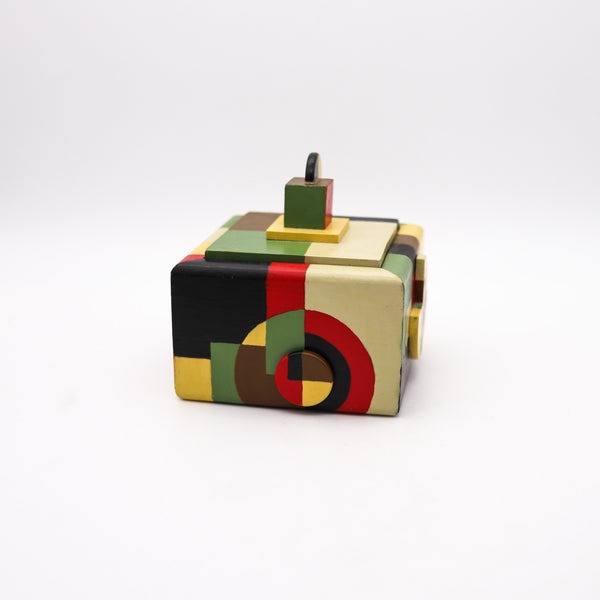 -Dutch 1930 De Stijl Art Deco Trinket Box In Wood With Polychromate Paint