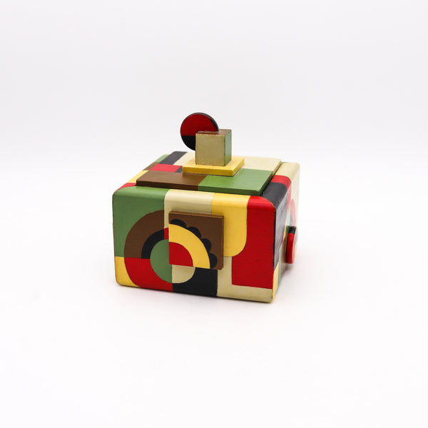 -Dutch 1930 De Stijl Art Deco Trinket Box In Wood With Polychromate Paint