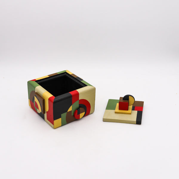 -Dutch 1930 De Stijl Art Deco Trinket Box In Wood With Polychromate Paint