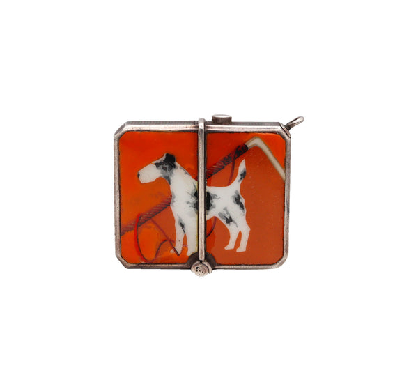 -Germany 1920 Art Deco Enameled Mechanical Vesta Box In Sterling Silver With Dog