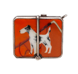 -Germany 1920 Art Deco Enameled Mechanical Vesta Box In Sterling Silver With Dog