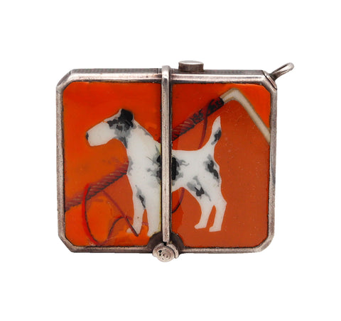 -Germany 1920 Art Deco Enameled Mechanical Vesta Box In Sterling Silver With Dog