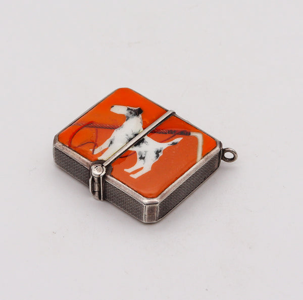 -Germany 1920 Art Deco Enameled Mechanical Vesta Box In Sterling Silver With Dog