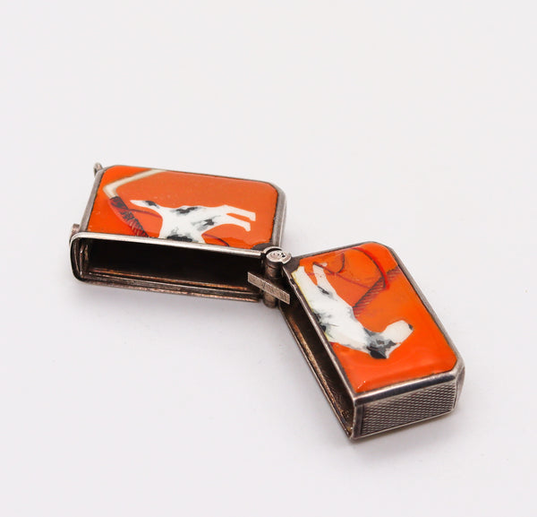 -Germany 1920 Art Deco Enameled Mechanical Vesta Box In Sterling Silver With Dog