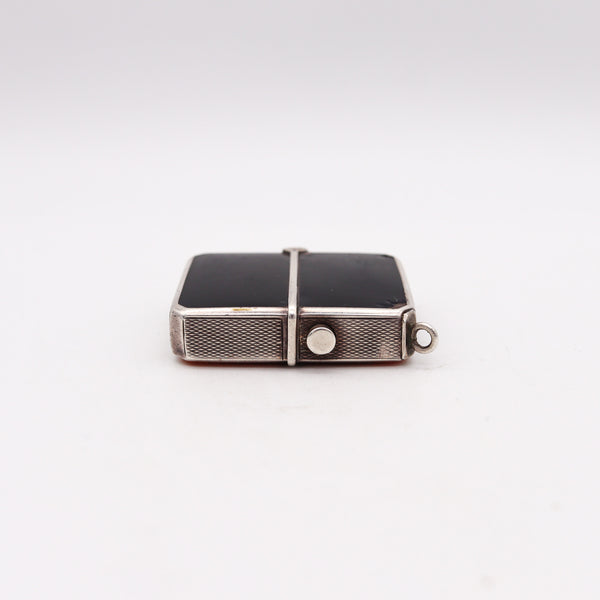 -Germany 1920 Art Deco Enameled Mechanical Vesta Box In Sterling Silver With Dog