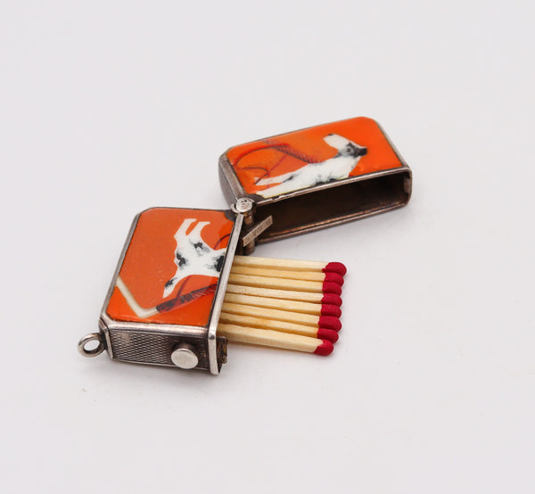 -Germany 1920 Art Deco Enameled Mechanical Vesta Box In Sterling Silver With Dog