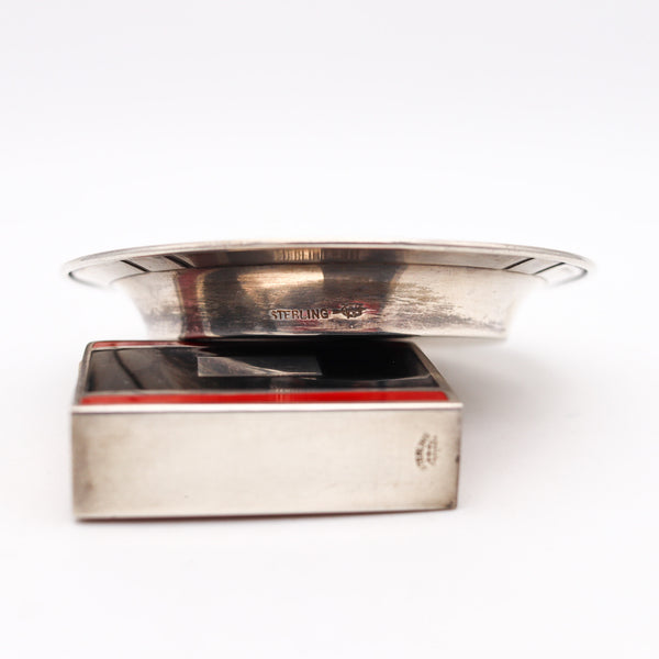 -Webster & Co. 1925 Art Deco Red And Black Enameled Smoking Set In Sterling Silver