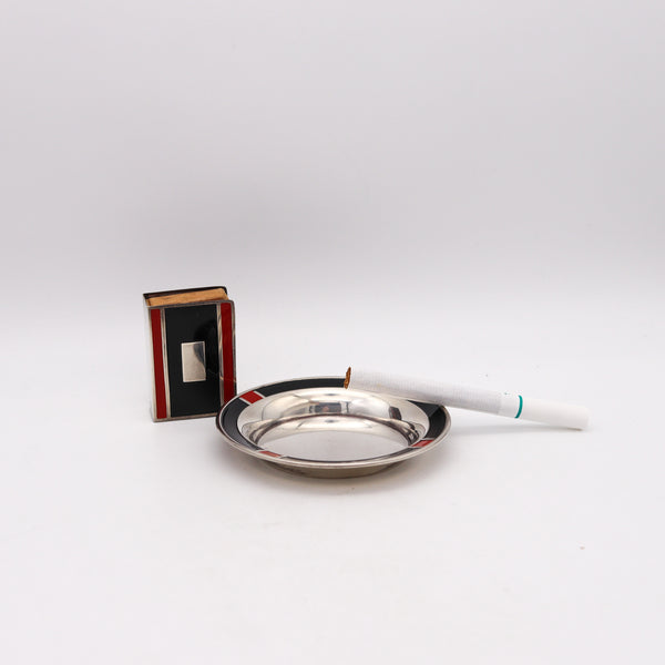 -Webster & Co. 1925 Art Deco Red And Black Enameled Smoking Set In Sterling Silver
