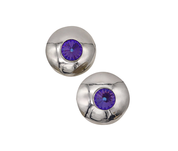 -Mexico 1970 Taxco Retro Modernist Earrings In Sterling Silver With Purple Faceted Glass
