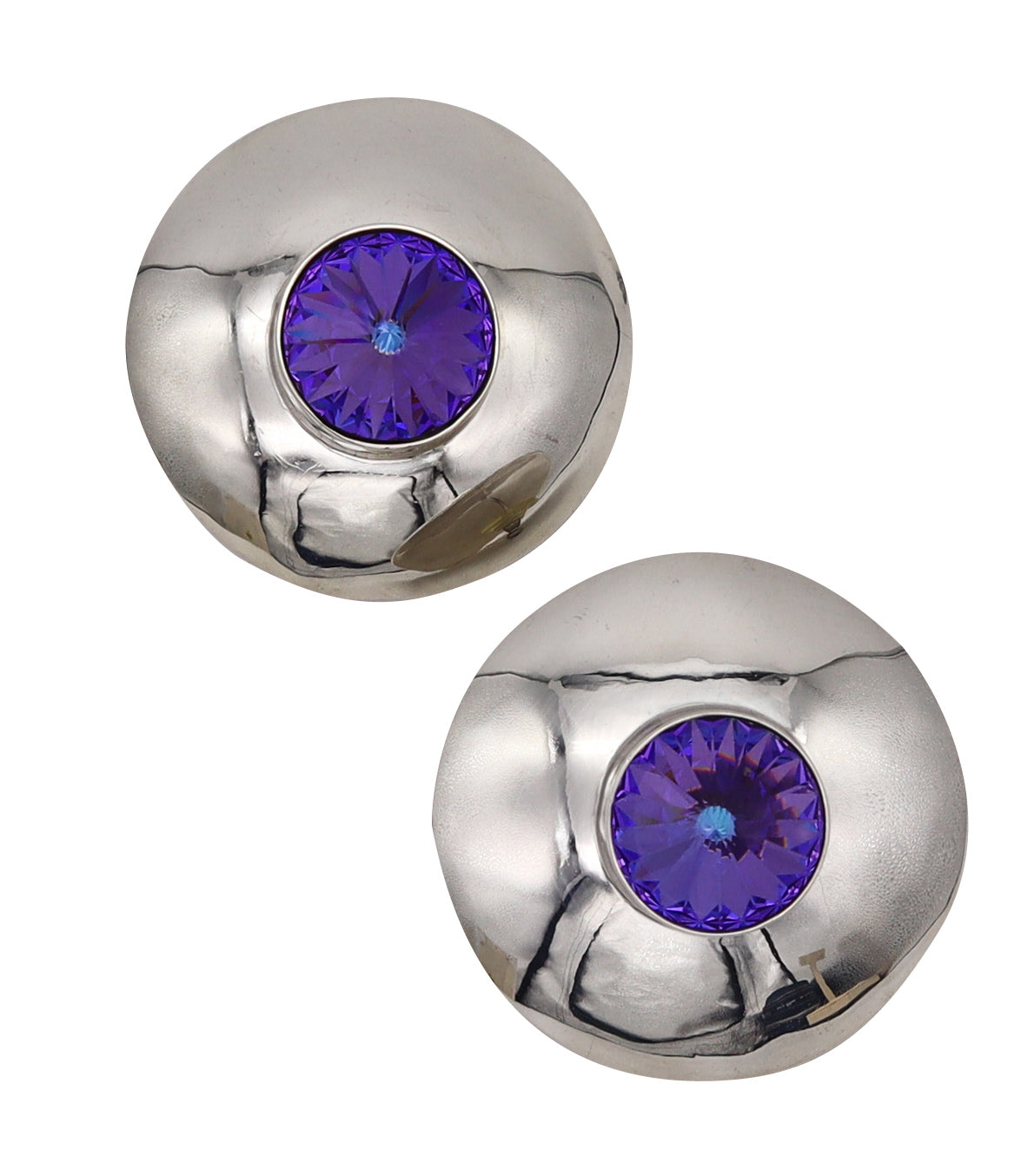 -Mexico 1970 Taxco Retro Modernist Earrings In Sterling Silver With Purple Faceted Glass