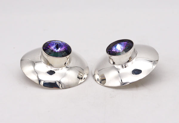 -Mexico 1970 Taxco Retro Modernist Earrings In Sterling Silver With Purple Faceted Glass