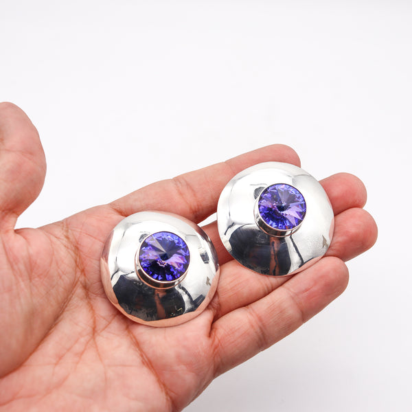 -Mexico 1970 Taxco Retro Modernist Earrings In Sterling Silver With Purple Faceted Glass