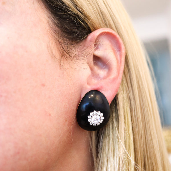 -Modernist Enameled Clips On Earrings In 18Kt Gold With 3.42 Ctw Diamonds And Sapphires