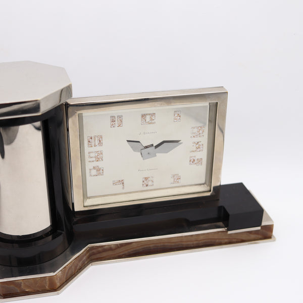 CHAUMET Paris 1925 Art Deco Desk Clock In Plated Silver With Agate & Black Onyx