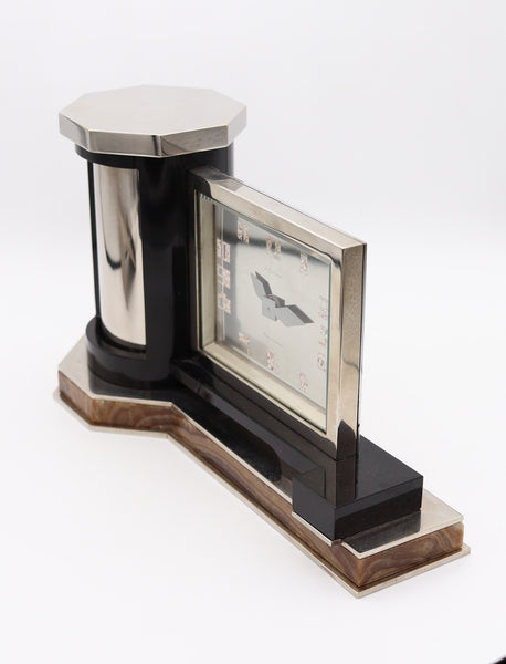 CHAUMET Paris 1925 Art Deco Desk Clock In Plated Silver With Agate & Black Onyx