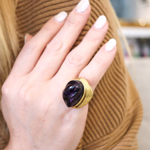-Burle Marx 1960 Brazil Forma Livre Cocktail Ring In 18Kt Yellow Gold With 39 Cts Carved Amethyst