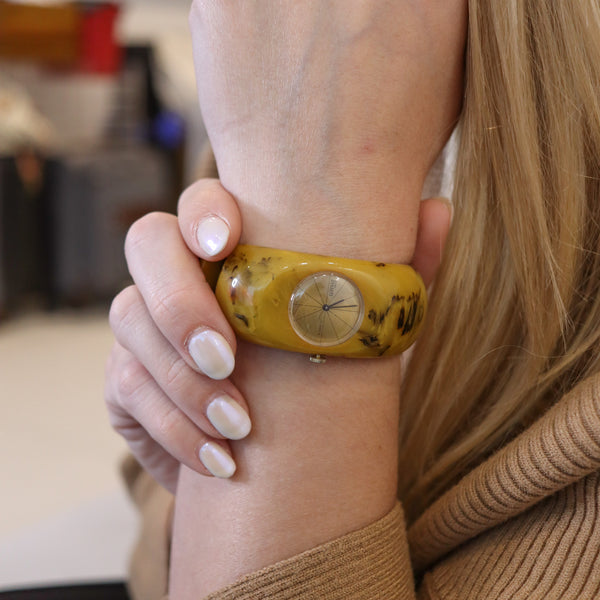 -Royal Dynasty Vintage 1930 Butterscotch Bakelite Catalin Clamper Watch Bracelet