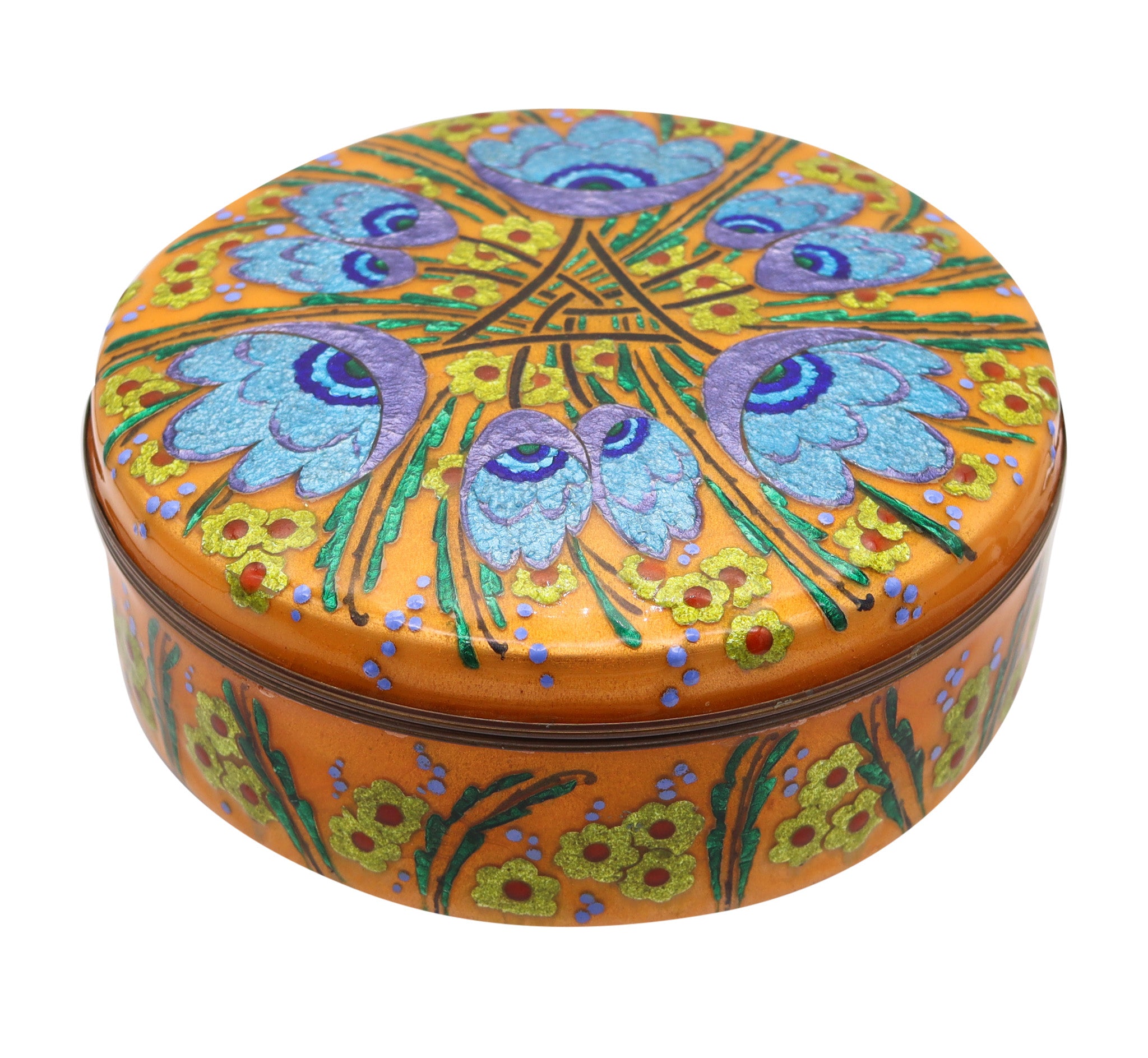 ALEXANDRE MARTY 1940 Limoges Decorative Round Box With Enamel On Copper