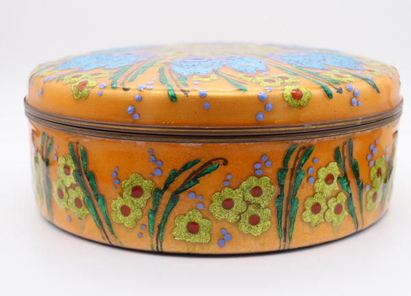 ALEXANDRE MARTY 1940 Limoges Decorative Round Box With Enamel On Copper