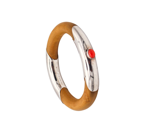 TIFFANY & CO. 1976 Elsa Peretti Rare Rattan Bangle Bracelet In .925 Sterling With Coral