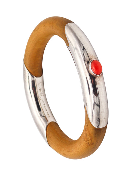 TIFFANY & CO. 1976 Elsa Peretti Rare Rattan Bangle Bracelet In .925 Sterling With Coral