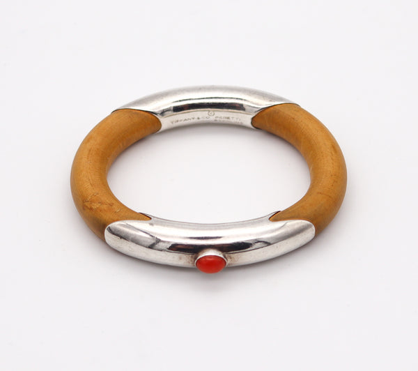 TIFFANY & CO. 1976 Elsa Peretti Rare Rattan Bangle Bracelet In .925 Sterling With Coral