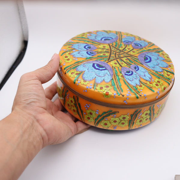 ALEXANDRE MARTY 1940 Limoges Decorative Round Box With Enamel On Copper