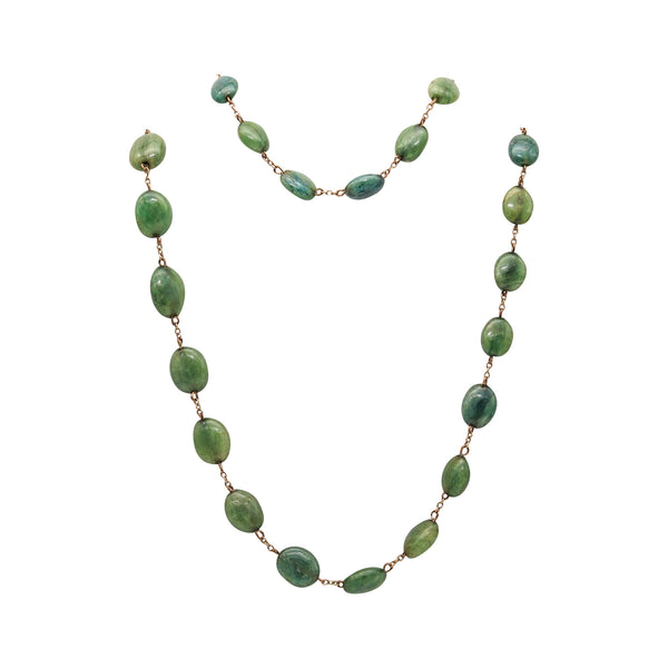 ART DECO 1930 Graduated Green Jades Necklace In Gilt .900 Sterling Silver