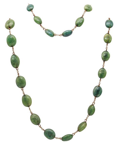 ART DECO 1930 Graduated Green Jades Necklace In Gilt .900 Sterling Silver