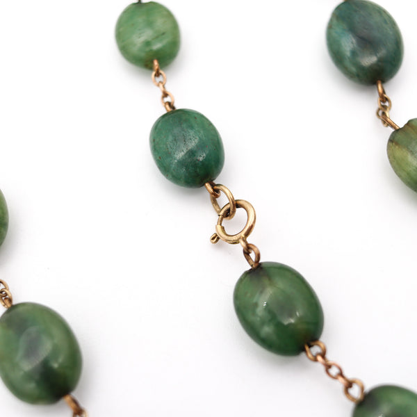 ART DECO 1930 Graduated Green Jades Necklace In Gilt .900 Sterling Silver