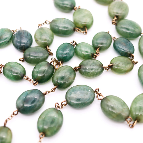 ART DECO 1930 Graduated Green Jades Necklace In Gilt .900 Sterling Silver