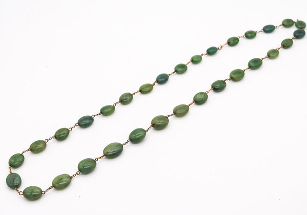 ART DECO 1930 Graduated Green Jades Necklace In Gilt .900 Sterling Silver