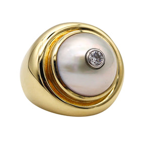 -Tiffany Co. 1981 Paloma Picasso Cocktail Ring In 18Kt Gold Platinum With Diamonds And Pearl