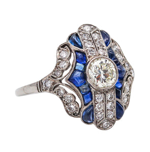 ART DECO 1930 Geometric Ring In Platinum With 1.69 Ctw In Diamonds & Sapphires