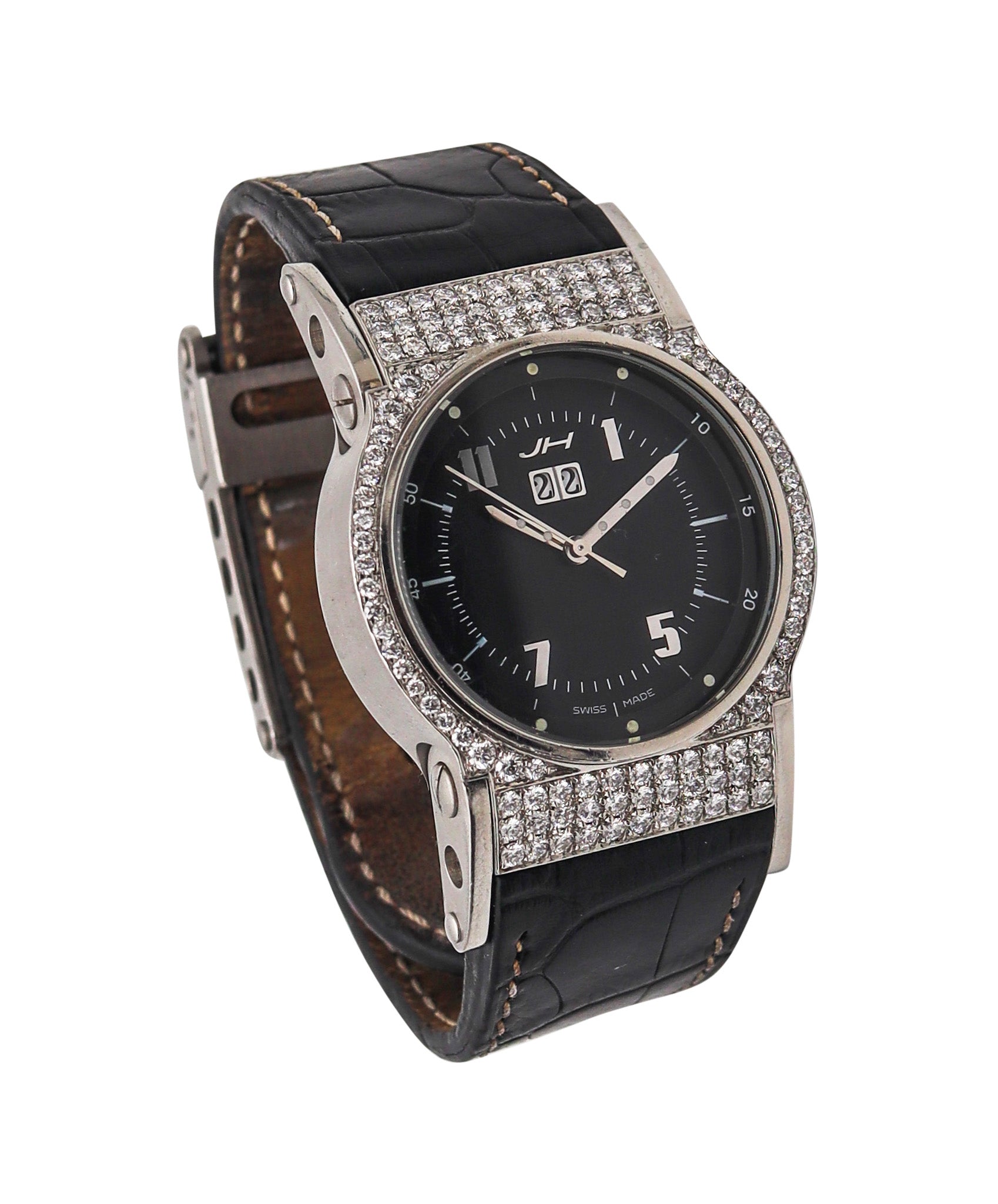 JORG HYSEK Automatic AN03 Black Wrist Watch Stainless Steel & 4.40 Ctw Diamonds