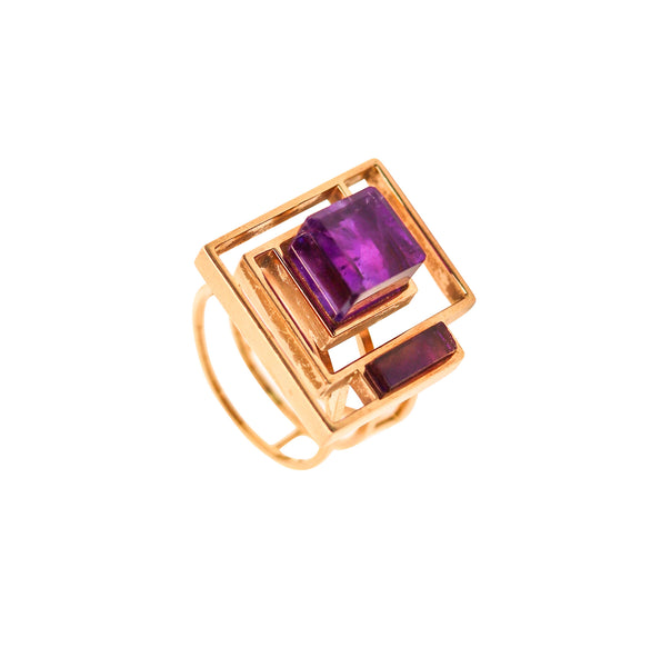 BENT KNUDSEN 1970 Geometric Ring In 14Kt Yellow Gold With Cubist Amethysts