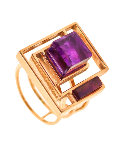 BENT KNUDSEN 1970 Geometric Ring In 14Kt Yellow Gold With Cubist Amethysts