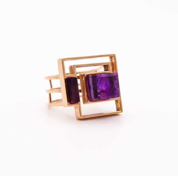 BENT KNUDSEN 1970 Geometric Ring In 14Kt Yellow Gold With Cubist Amethysts