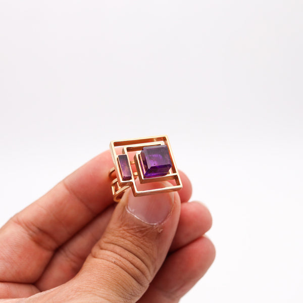 BENT KNUDSEN 1970 Geometric Ring In 14Kt Yellow Gold With Cubist Amethysts