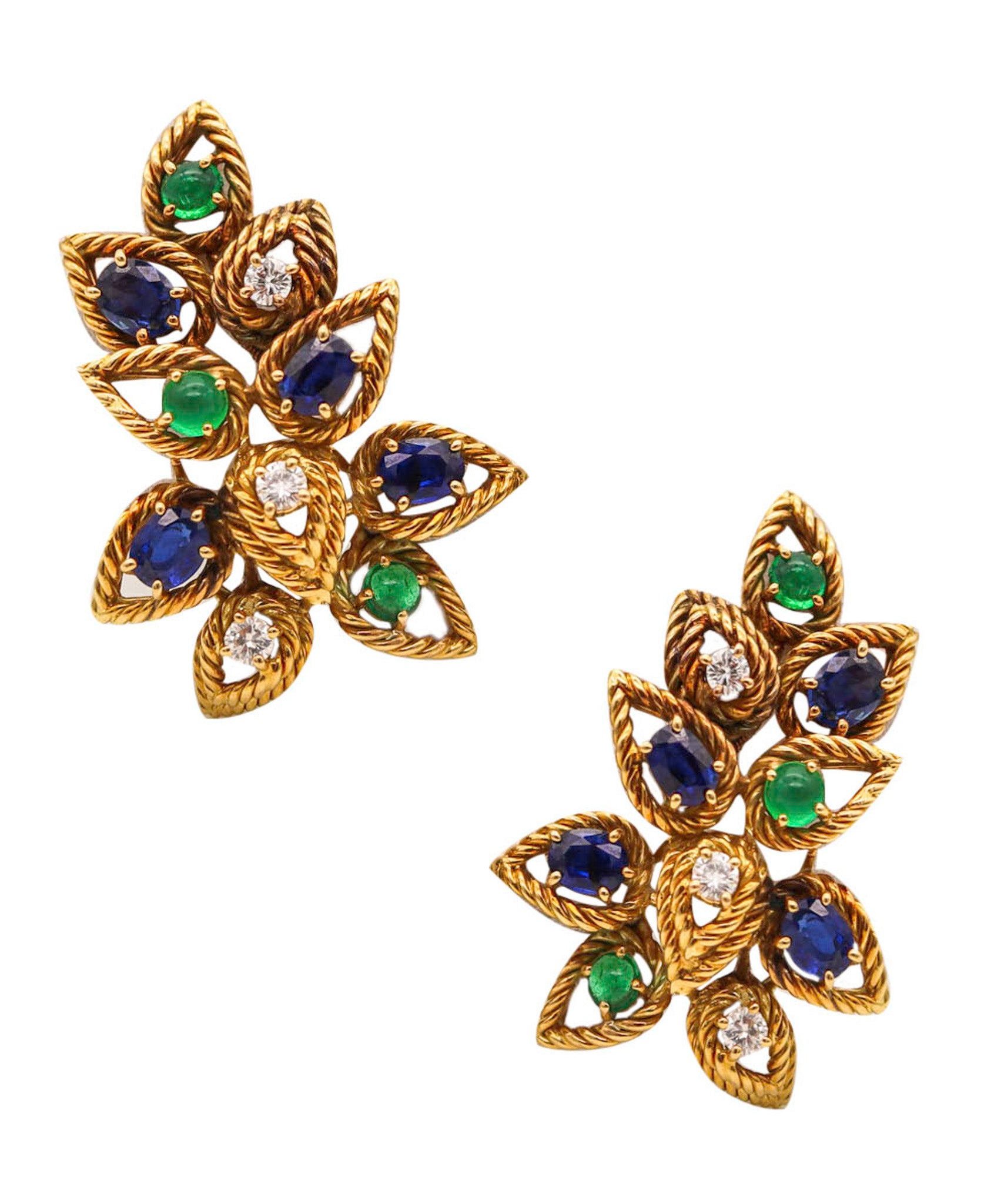 -Italian Modernist Clip On Earrings In 18Kt Gold With 5.68 Ctw In Diamonds Sapphires And Emeralds
