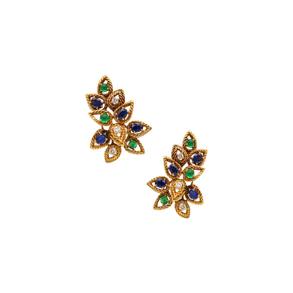 -Italian Modernist Clip On Earrings In 18Kt Gold With 5.68 Ctw In Diamonds Sapphires And Emeralds