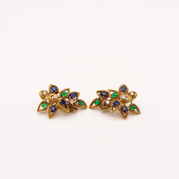 -Italian Modernist Clip On Earrings In 18Kt Gold With 5.68 Ctw In Diamonds Sapphires And Emeralds