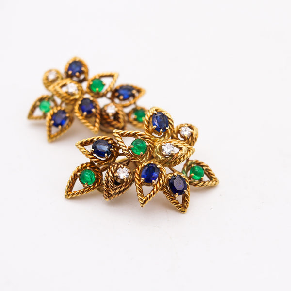 -Italian Modernist Clip On Earrings In 18Kt Gold With 5.68 Ctw In Diamonds Sapphires And Emeralds