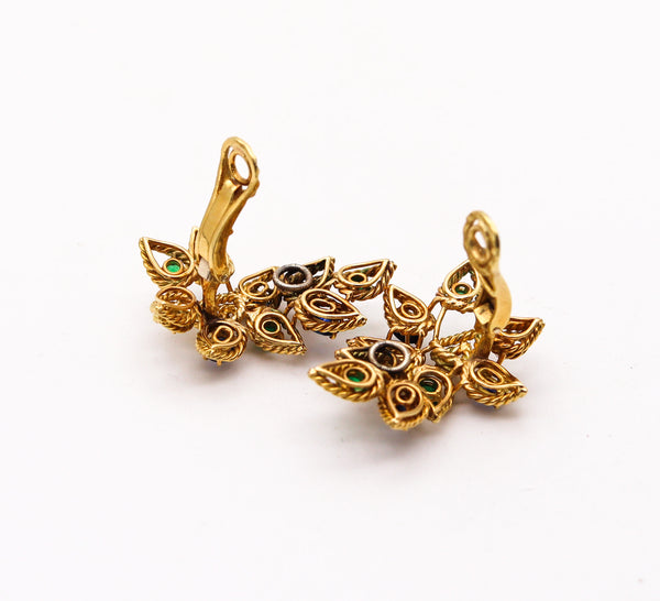-Italian Modernist Clip On Earrings In 18Kt Gold With 5.68 Ctw In Diamonds Sapphires And Emeralds