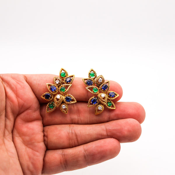 -Italian Modernist Clip On Earrings In 18Kt Gold With 5.68 Ctw In Diamonds Sapphires And Emeralds