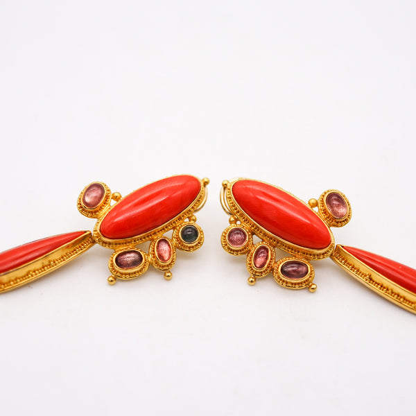 -Luna Felix Dangle Drop Earrings In 22Kt Gold With 32 Ctw In Coral And Tourmalines