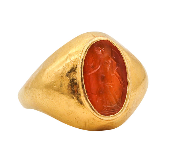 ANCIENT ROME 100-200 AD Signet Intaglio Ring In 23Kt Gold & Carved Carnelian